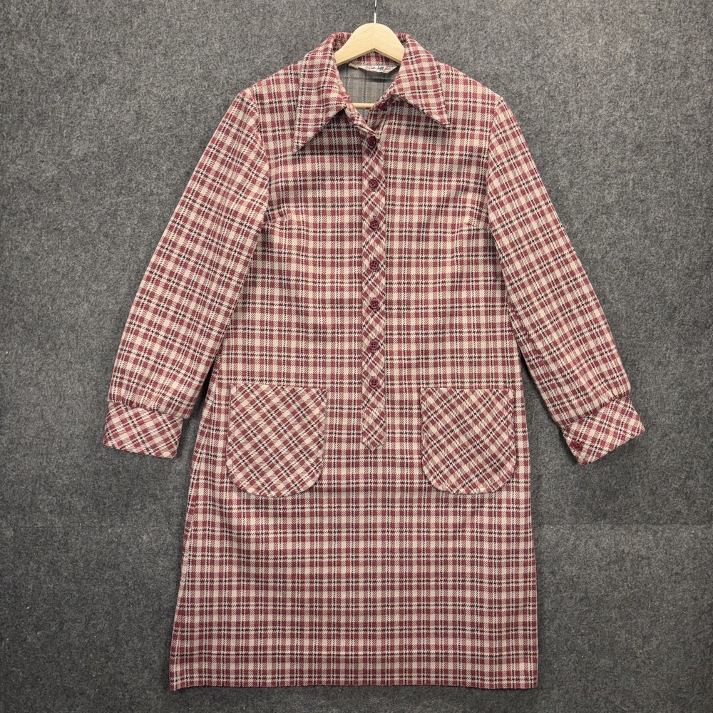 Vintage 70s Country Miss Tartan Plaid Shirt Dress Women's 14 Dagger Collar Mod